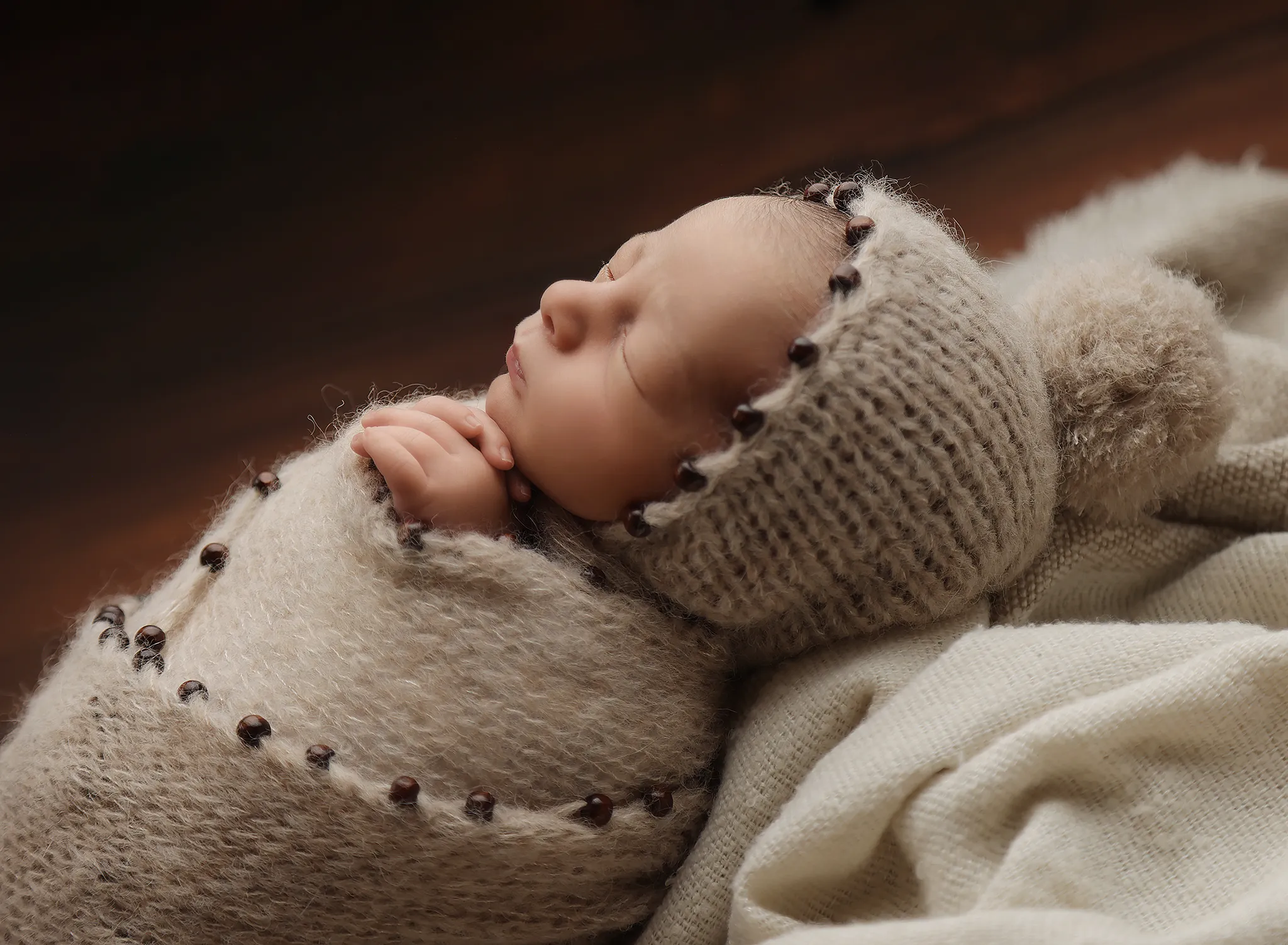 Baby newborn knitted beaded wrap and bonnet, cream, boho, made to order
