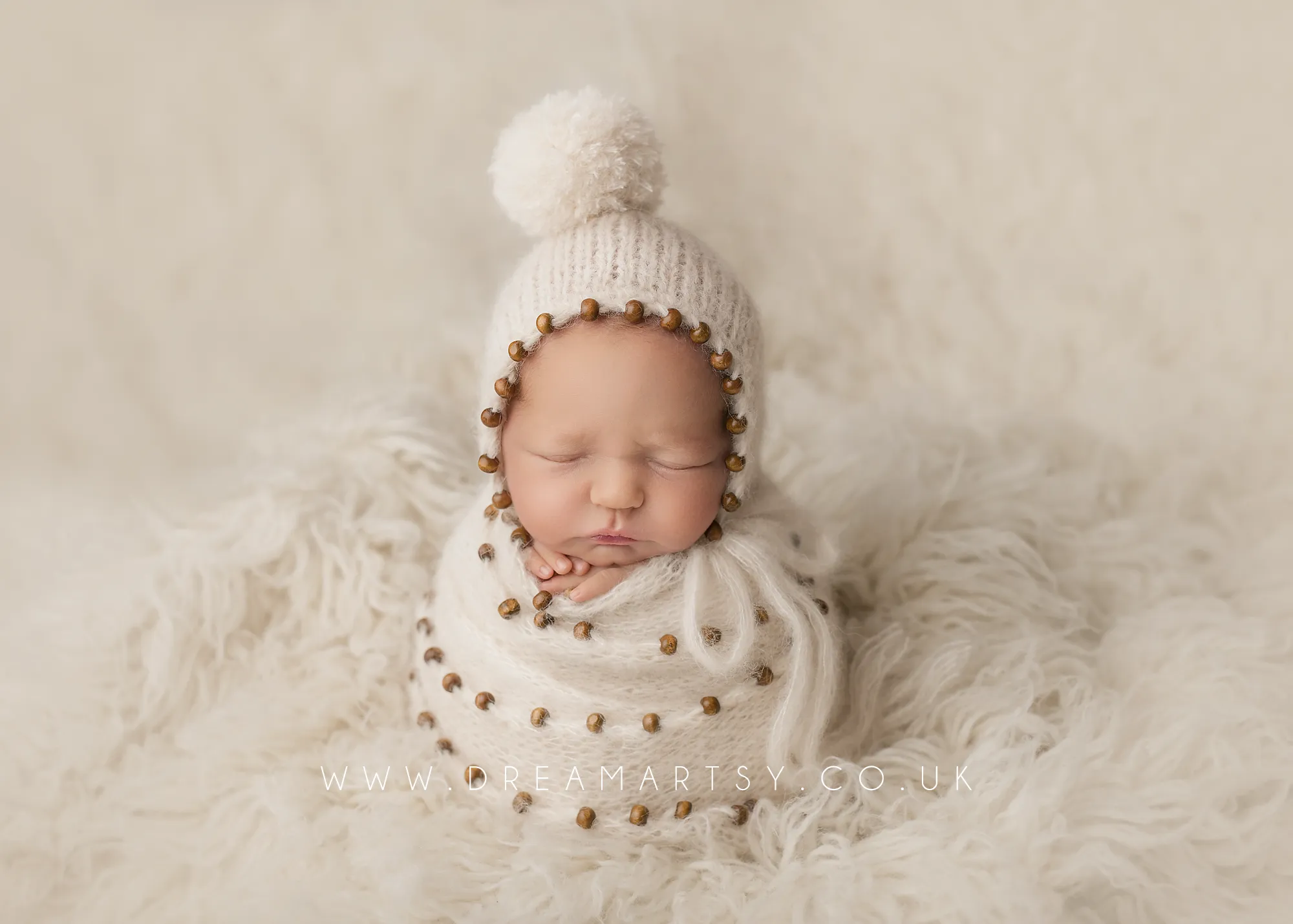 Baby newborn knitted beaded wrap and bonnet, cream, boho, made to order