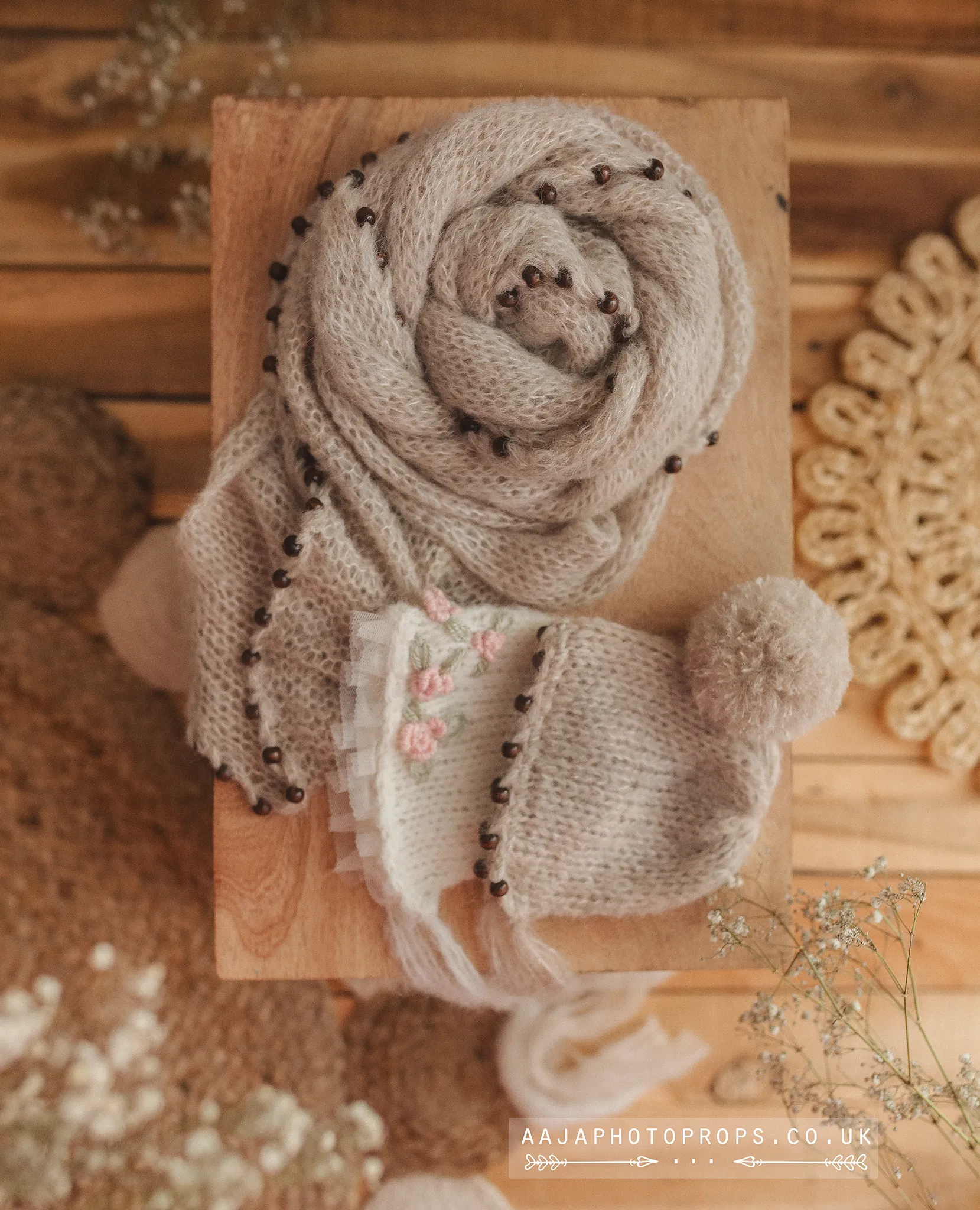 Baby newborn knitted beaded wrap and bonnet, cream, boho, made to order
