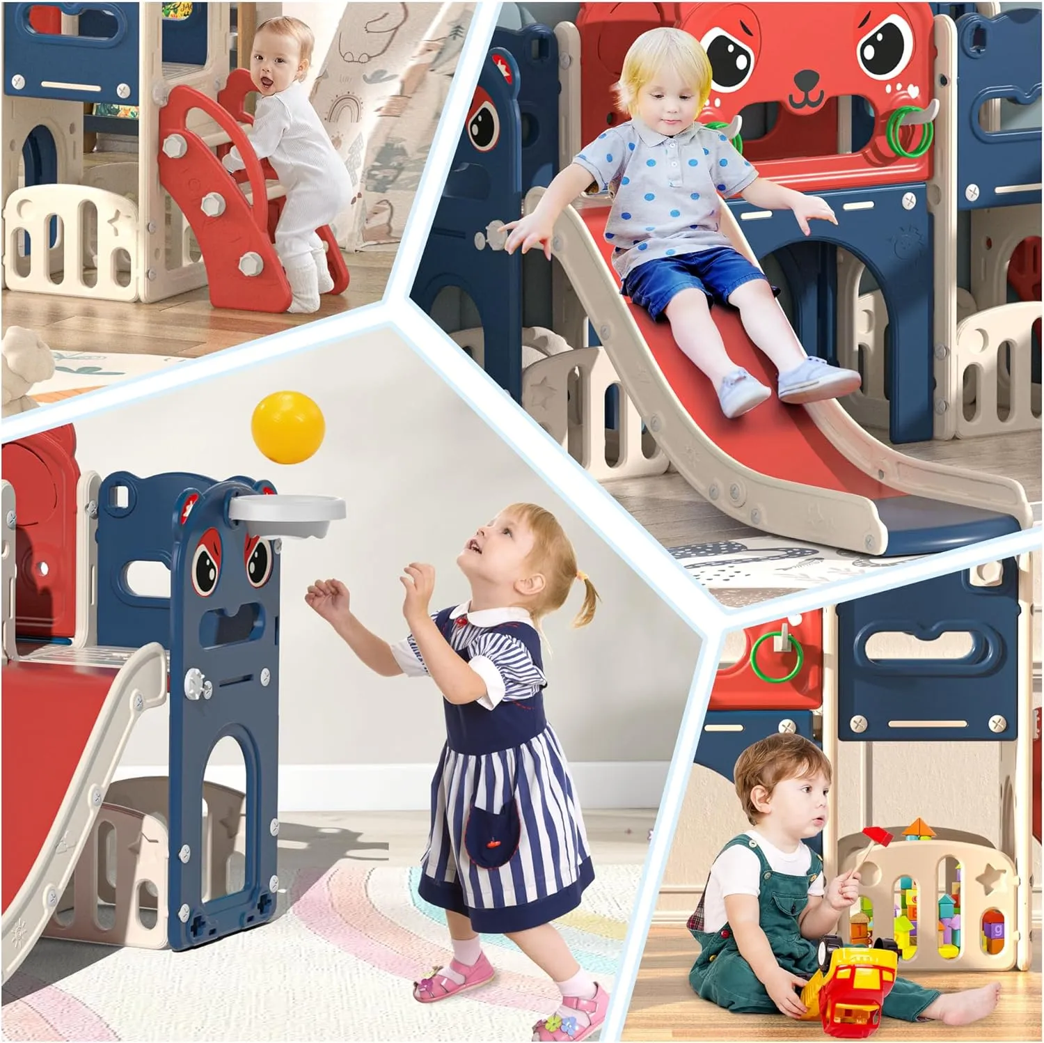 Backyard Playground with Basketball Hoop,Telescope,Storage Space 9-in-1 Toddler Slide fence glandular ferromagnetic thorny detect thrust and Climber Playset Freestanding Indoor Outdoor Kids Slide for Age 1-8, 
