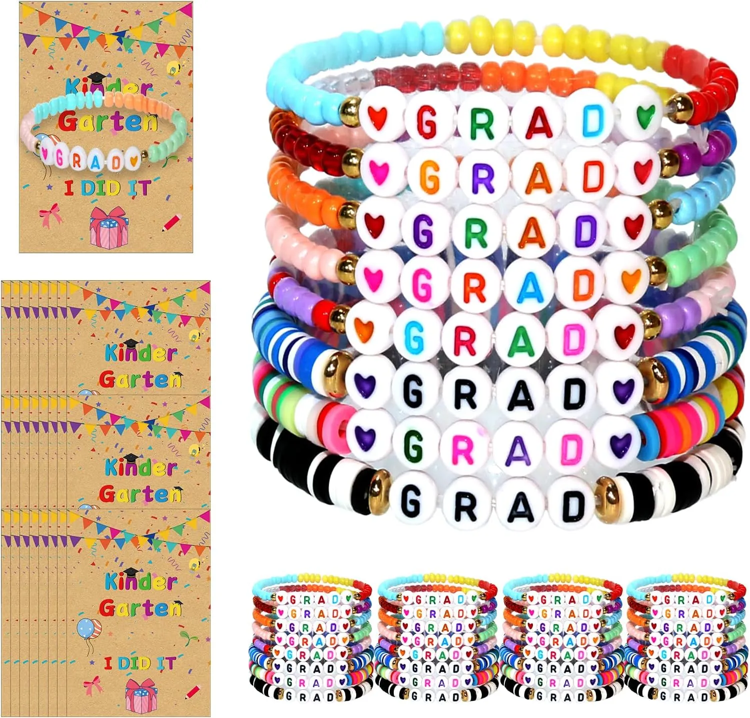 Bags$ 2025 Adjustable Stretch Beaded for Jewelry Gift Party Favors$ Preschool Graduate Supplies for Class 40 Set Kindergarten Graduation Bracelets Bulk Wish Cards face and Organza 