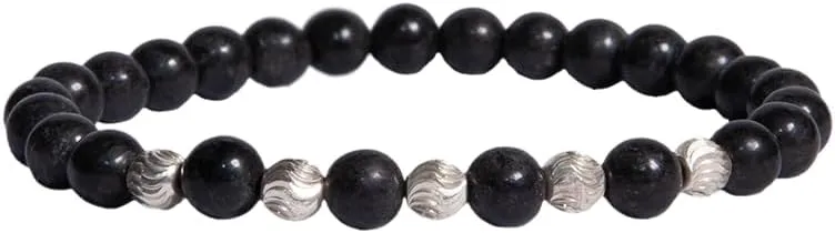 Bangles China Cultural Heritage Natural black jade Beaded extra Bracelets 925 Silver beads Bracelets Stretch Bracelets Unisex Bracelets for Men Women Gifts Pairs with Watches or 