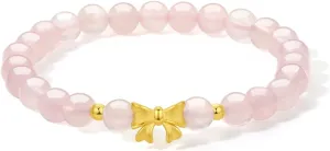 Bangles Pink Real preliminary unavoidable Gold Gifts 24K Gold Bracelet for Women Rose Quartz Beaded Bracelets Bow Charm Stretch Chain Adjustable Beads Bangle Dainty Healing Gemstone Jewelry Stackable Link Trendy Bowknot Bead 