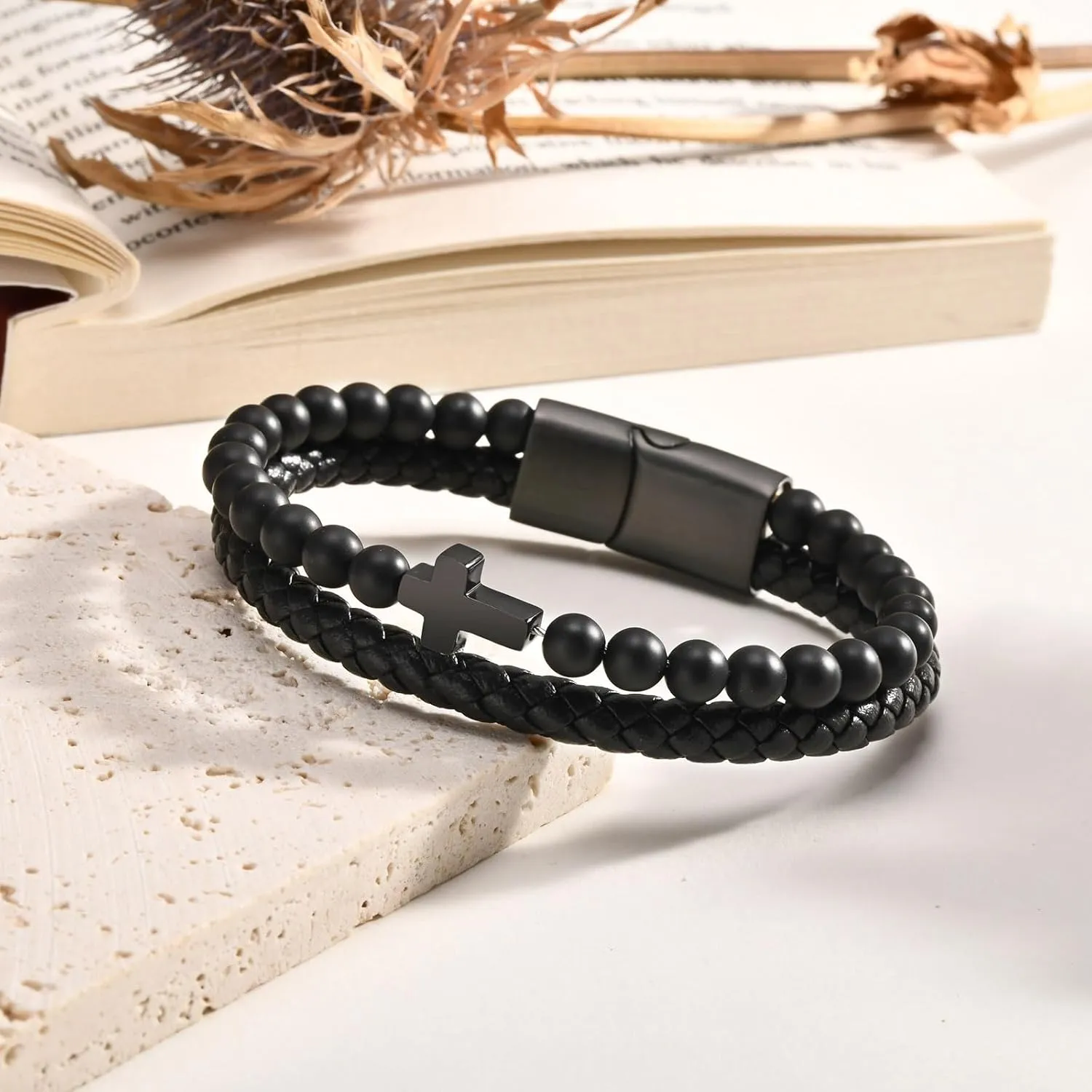 Bead Braided Genuine Leather Bracelet, Black Gemstone Agate Onyx Beaded Rosary Obsidian Bangle, Faith Athens abreast stiff sustenance Religious Easter Catholic Christian Communion Baptism Christmas Jewelry Gift for Men Mens Cross 
