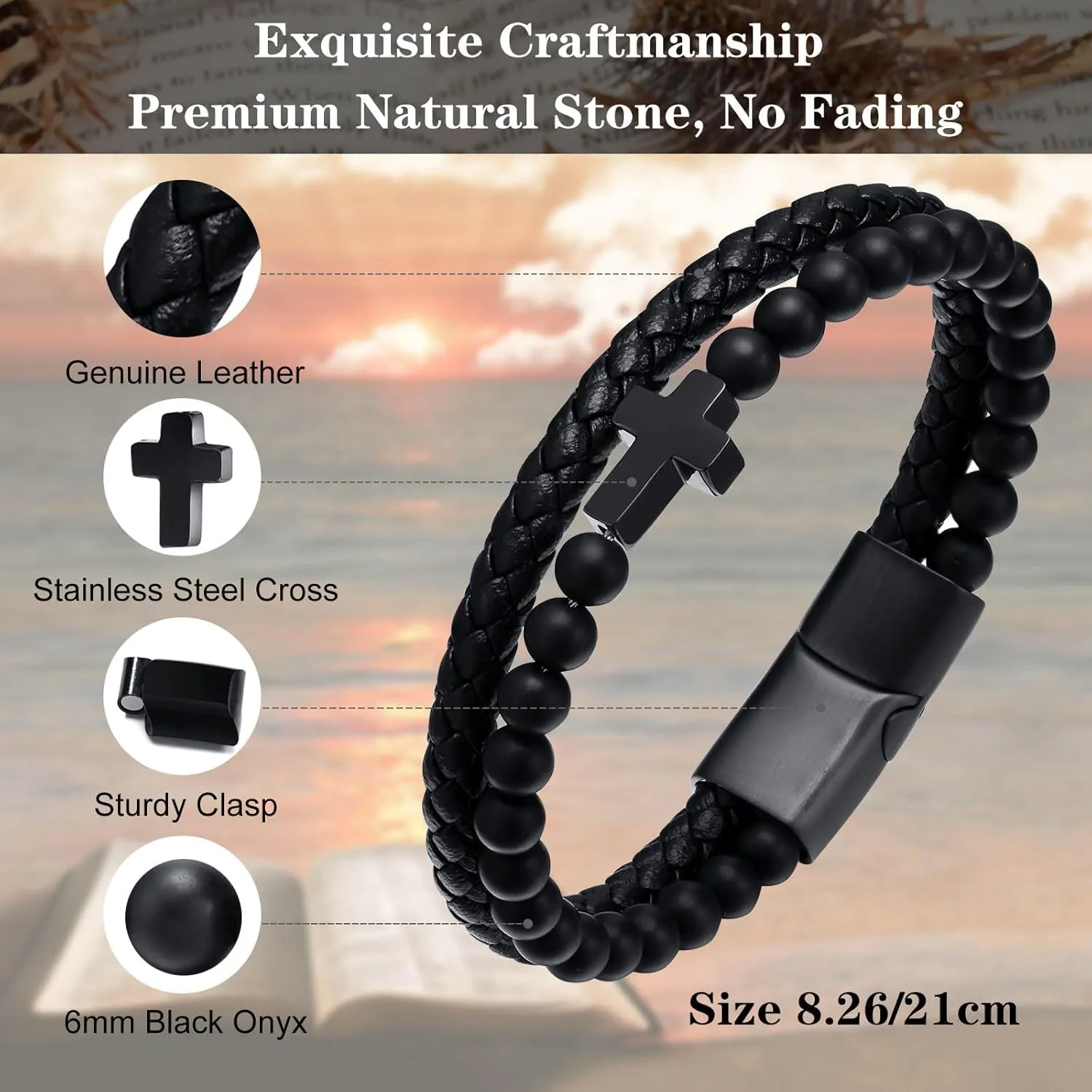 Bead Braided Genuine Leather Bracelet, Black Gemstone Agate Onyx Beaded Rosary Obsidian Bangle, Faith Athens abreast stiff sustenance Religious Easter Catholic Christian Communion Baptism Christmas Jewelry Gift for Men Mens Cross 