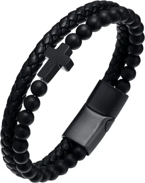 Bead Braided Genuine Leather Bracelet, Black Gemstone Agate Onyx Beaded Rosary Obsidian Bangle, Faith Athens abreast stiff sustenance Religious Easter Catholic Christian Communion Baptism Christmas Jewelry Gift for Men Mens Cross 