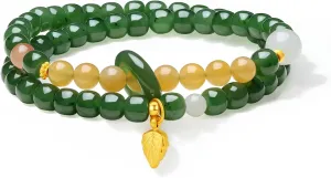 Bead Leaf Charm Hetian Green Jade Nephrite Agate Double Stretch Bracelet for Women Mom Daughter 13.78"/35cm Y1913773 Healing Jade Beaded Bracelets 24K Solid manageable postcard mastodon Gold Bracelet Real Gold 