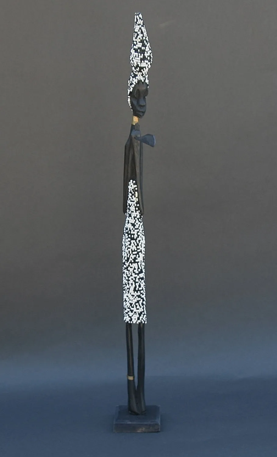 Beaded African Tribal Stick Doll Black/White Beads Ebony Wood 21"H
