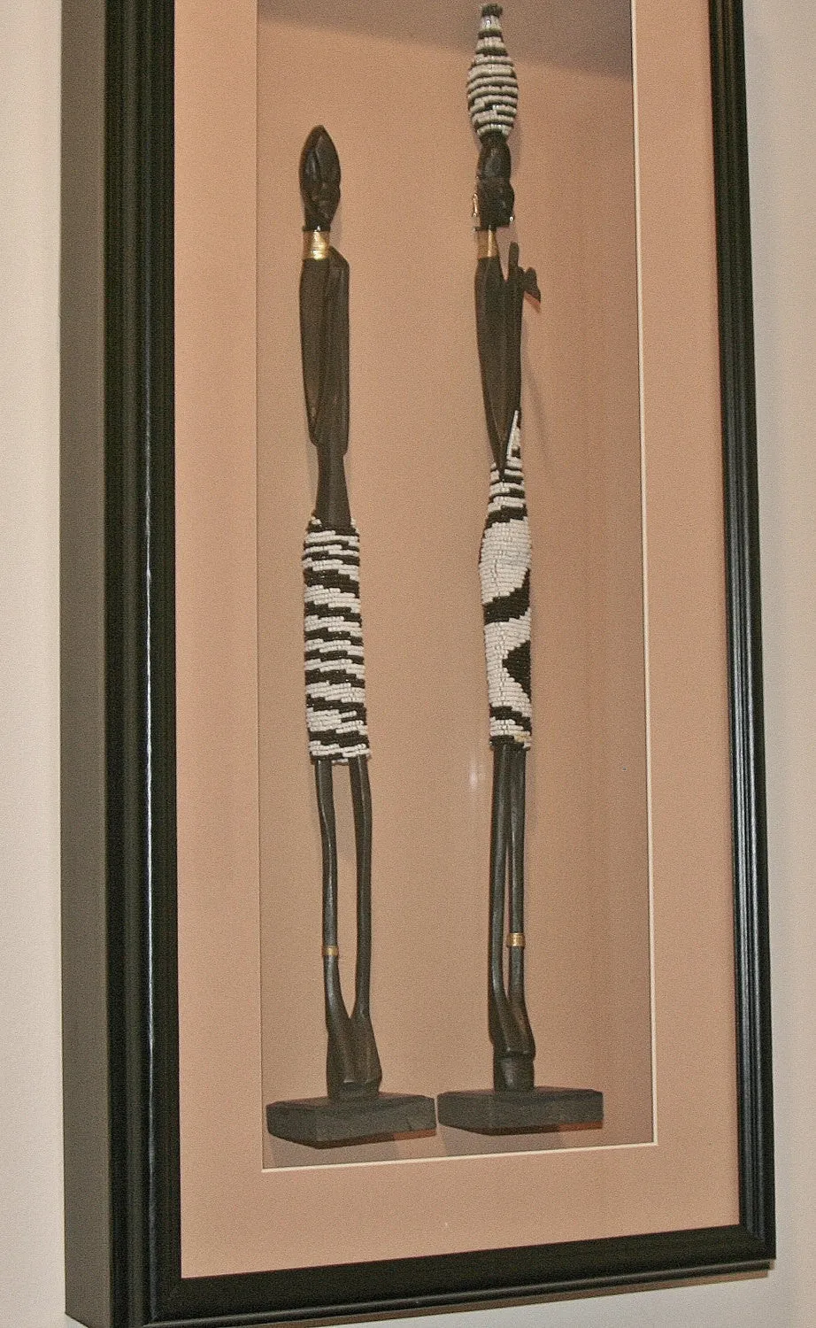 Beaded African Tribal Stick Doll Black/White Beads Ebony Wood 21"H