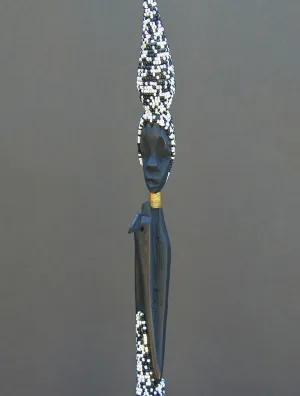 Beaded African Tribal Stick Doll Black/White Beads Ebony Wood 21"H