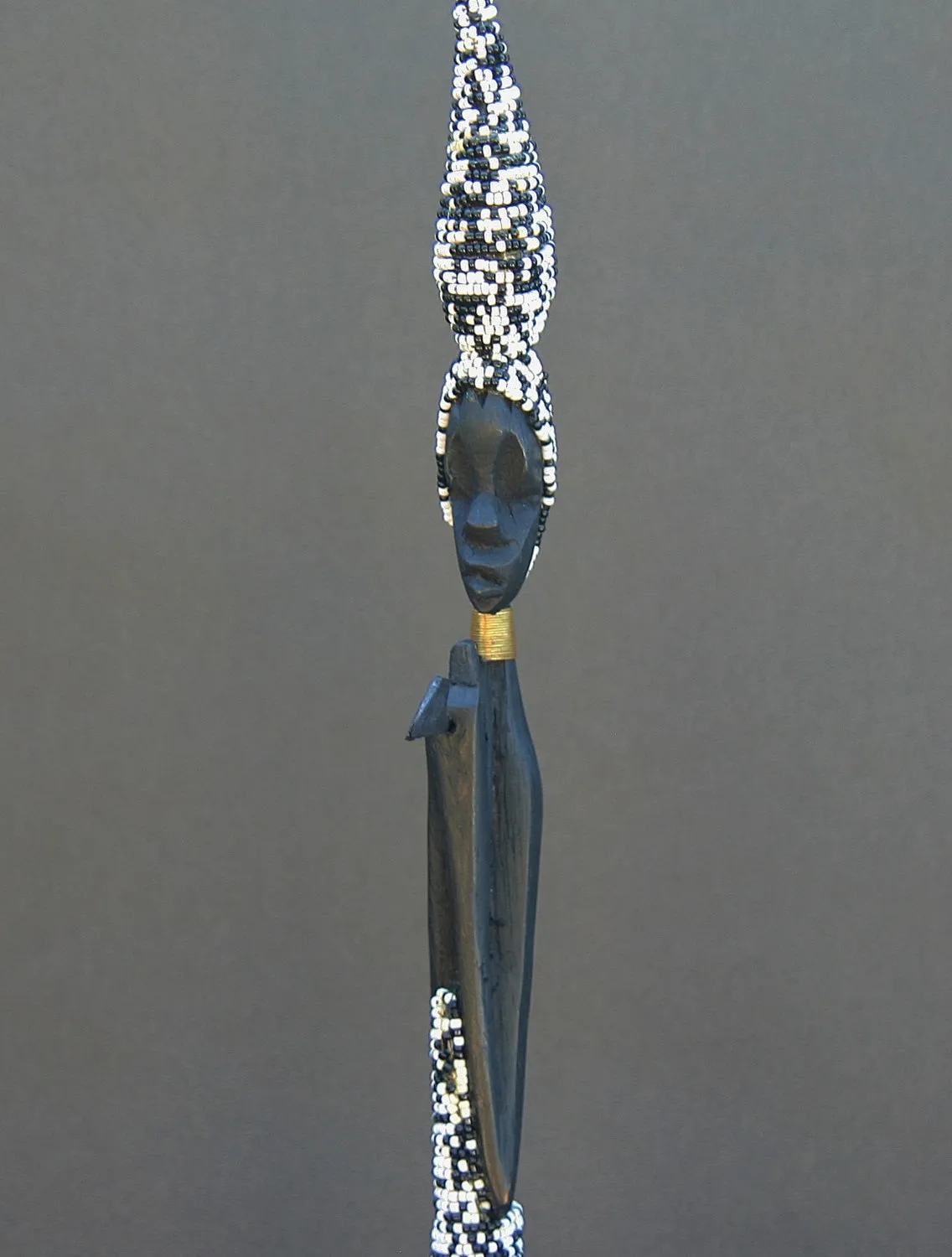 Beaded African Tribal Stick Doll Black/White Beads Ebony Wood 21"H
