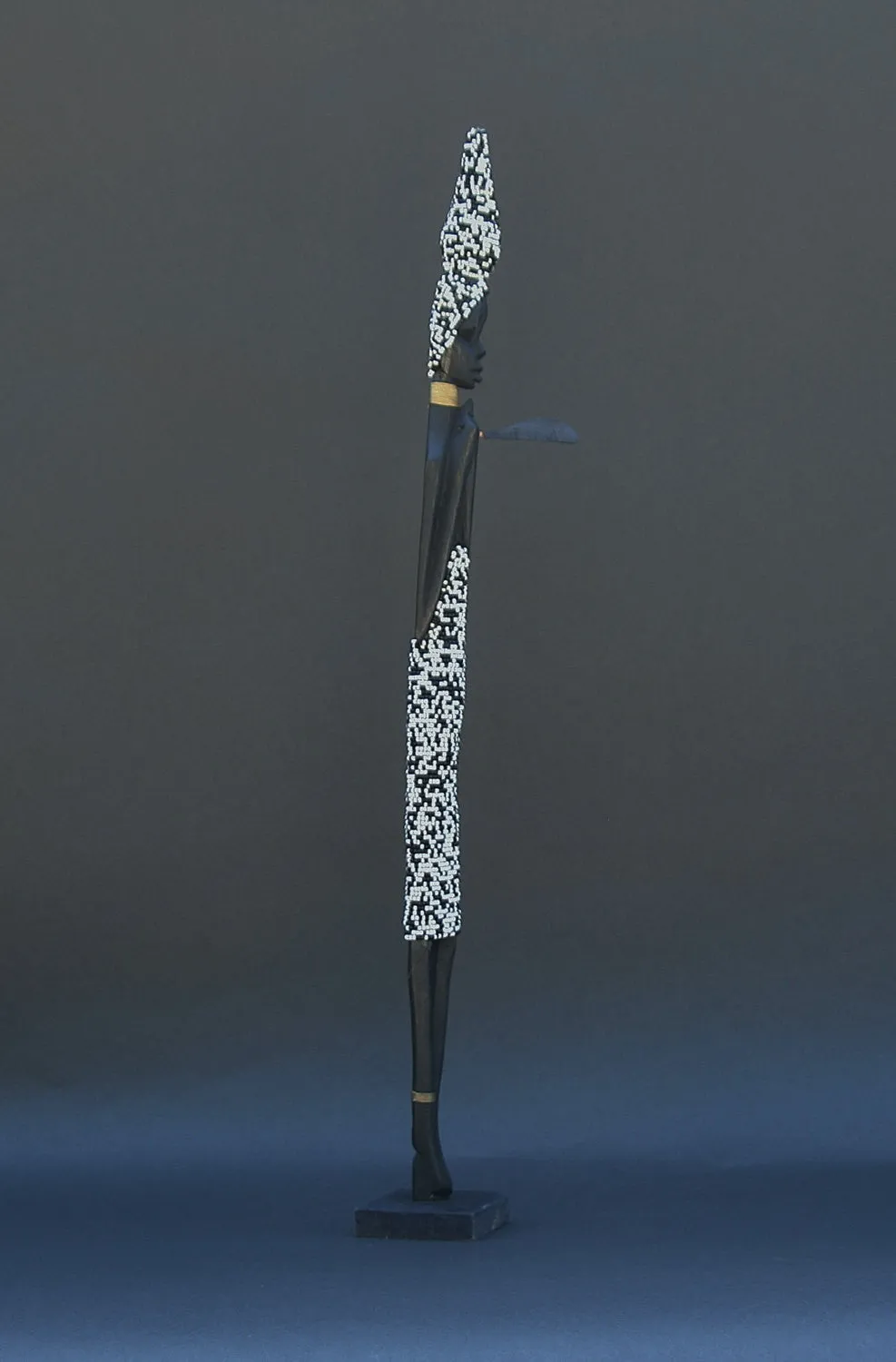 Beaded African Tribal Stick Doll Black/White Beads Ebony Wood 21"H