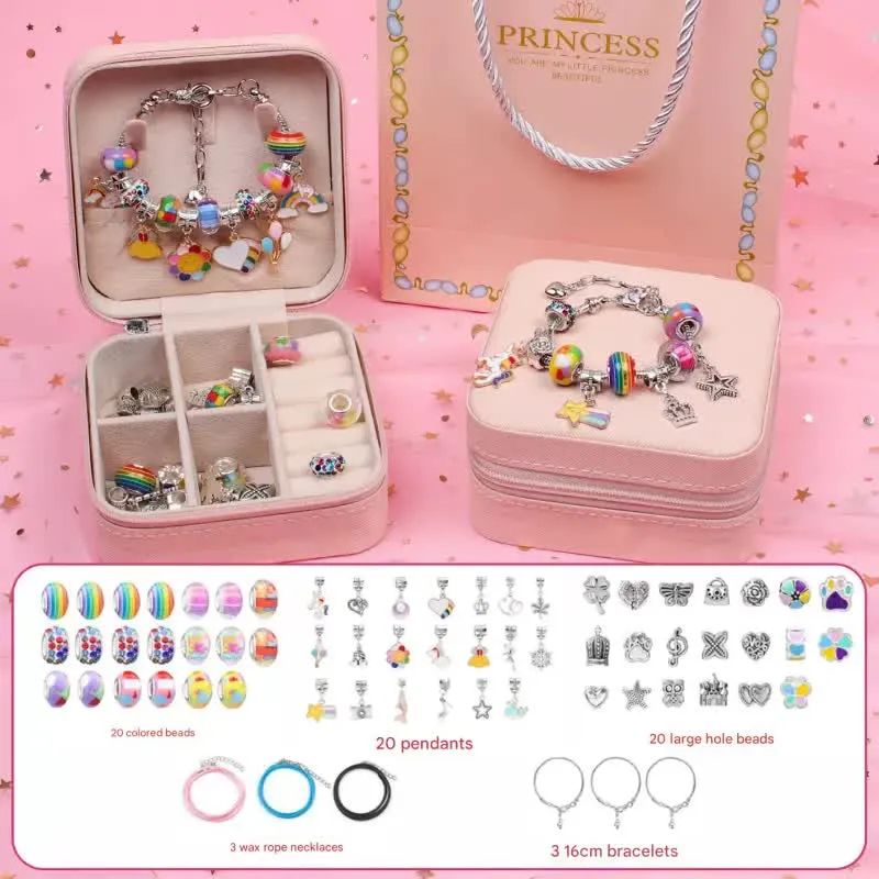 Beaded and Princess Gift with Kids Creative Making Bracelet DIY Kit Box - Pink Handcrafted Stand Shipping guarantee Set Display Jewelry