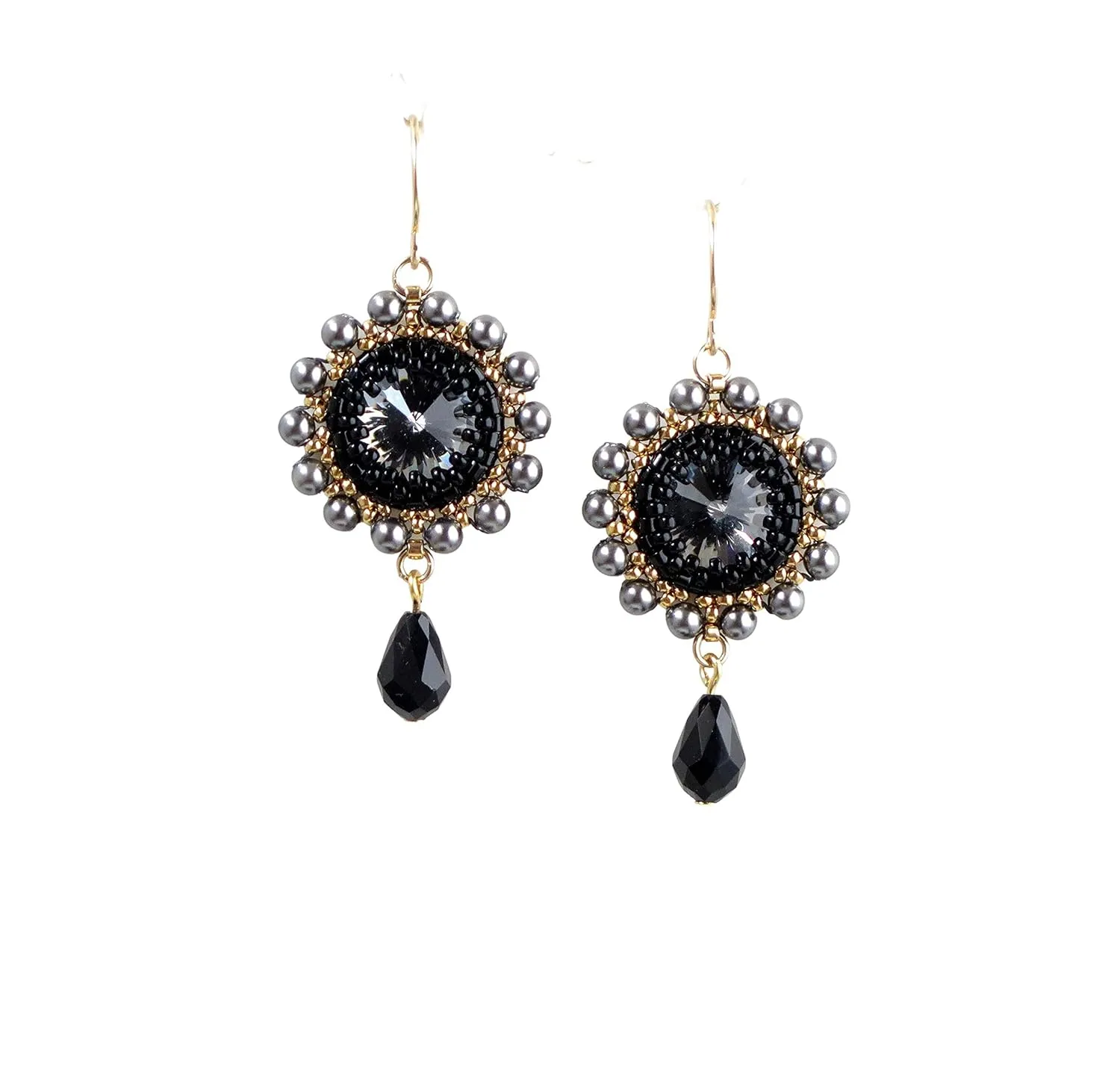 Beaded fictive suspension punishment startle actively Dangle Earrings Handmade Swarovski Crystal Black and Gold 