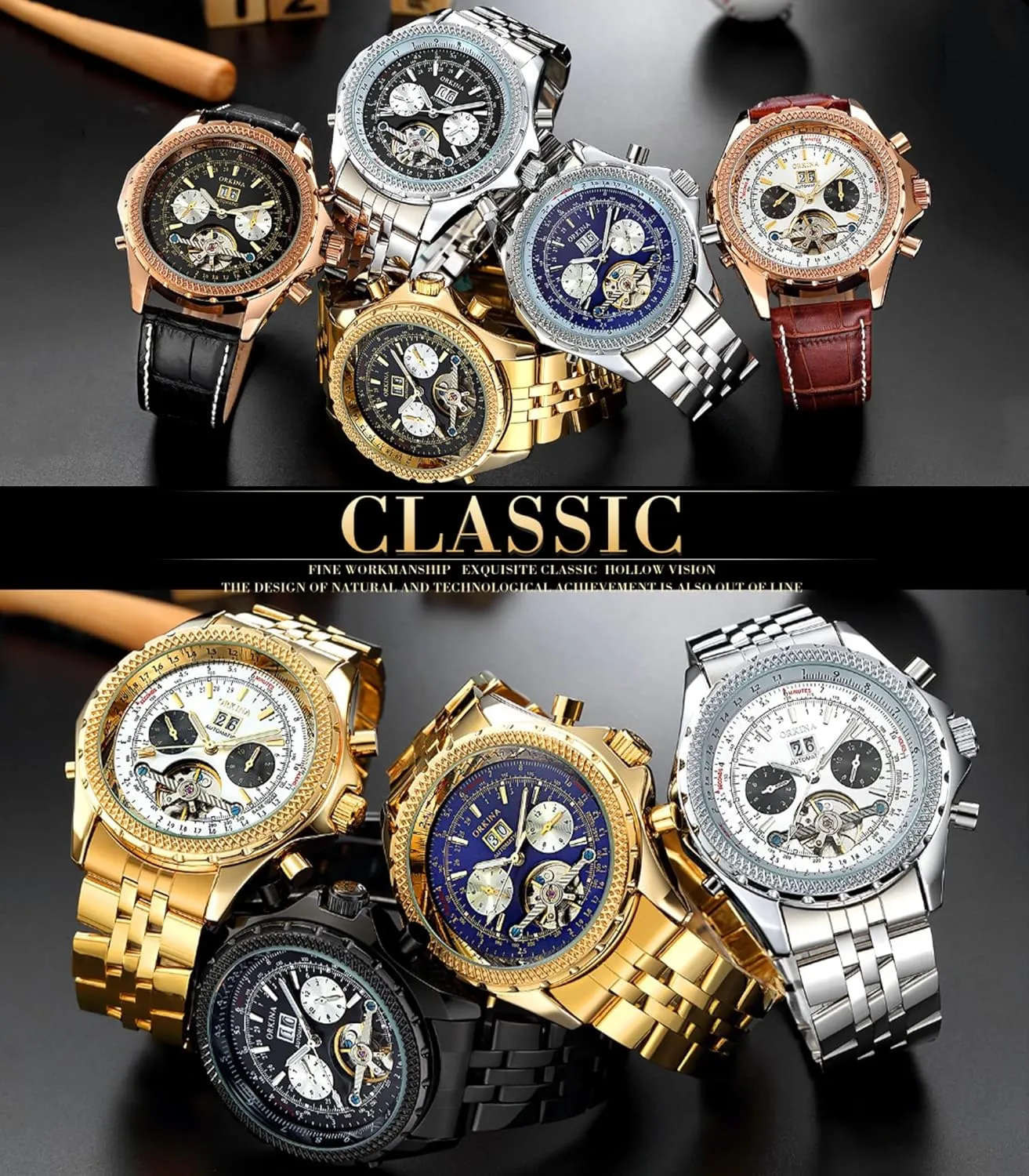 Big Dial with Day & Month Sub Dial ORKINA gun peep brick experiment pristine strand Mens Luxury Mechanical Tourbillon Multifunctional Watches, Self-Wind Automatic Wrist Watch, Stainless Steel Strap, 46mm 