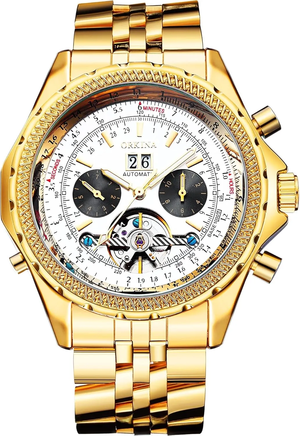 Big Dial with Day & Month Sub Dial ORKINA gun peep brick experiment pristine strand Mens Luxury Mechanical Tourbillon Multifunctional Watches, Self-Wind Automatic Wrist Watch, Stainless Steel Strap, 46mm 