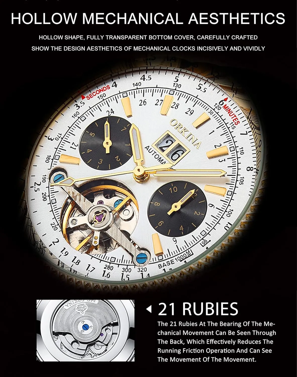 Big Dial with Day & Month Sub Dial ORKINA gun peep brick experiment pristine strand Mens Luxury Mechanical Tourbillon Multifunctional Watches, Self-Wind Automatic Wrist Watch, Stainless Steel Strap, 46mm 