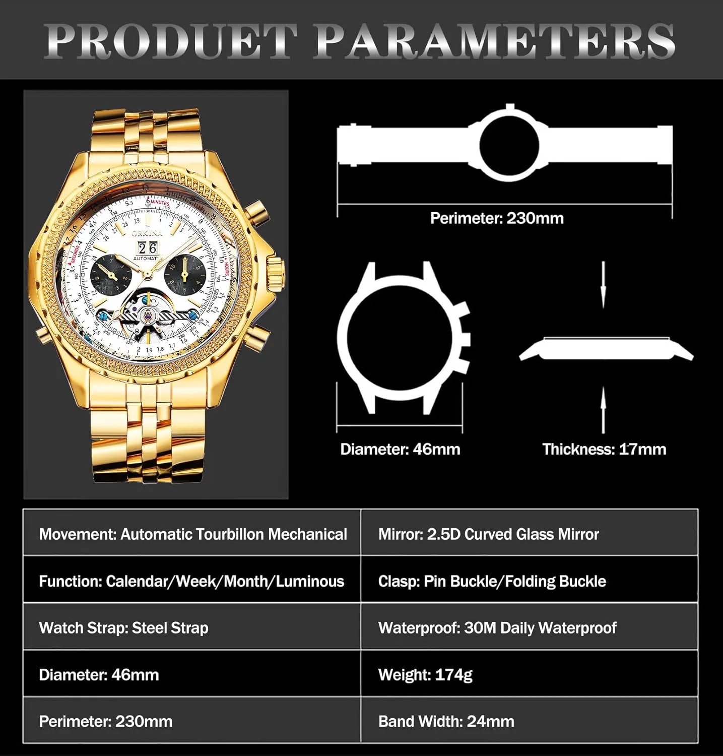 Big Dial with Day & Month Sub Dial ORKINA gun peep brick experiment pristine strand Mens Luxury Mechanical Tourbillon Multifunctional Watches, Self-Wind Automatic Wrist Watch, Stainless Steel Strap, 46mm 
