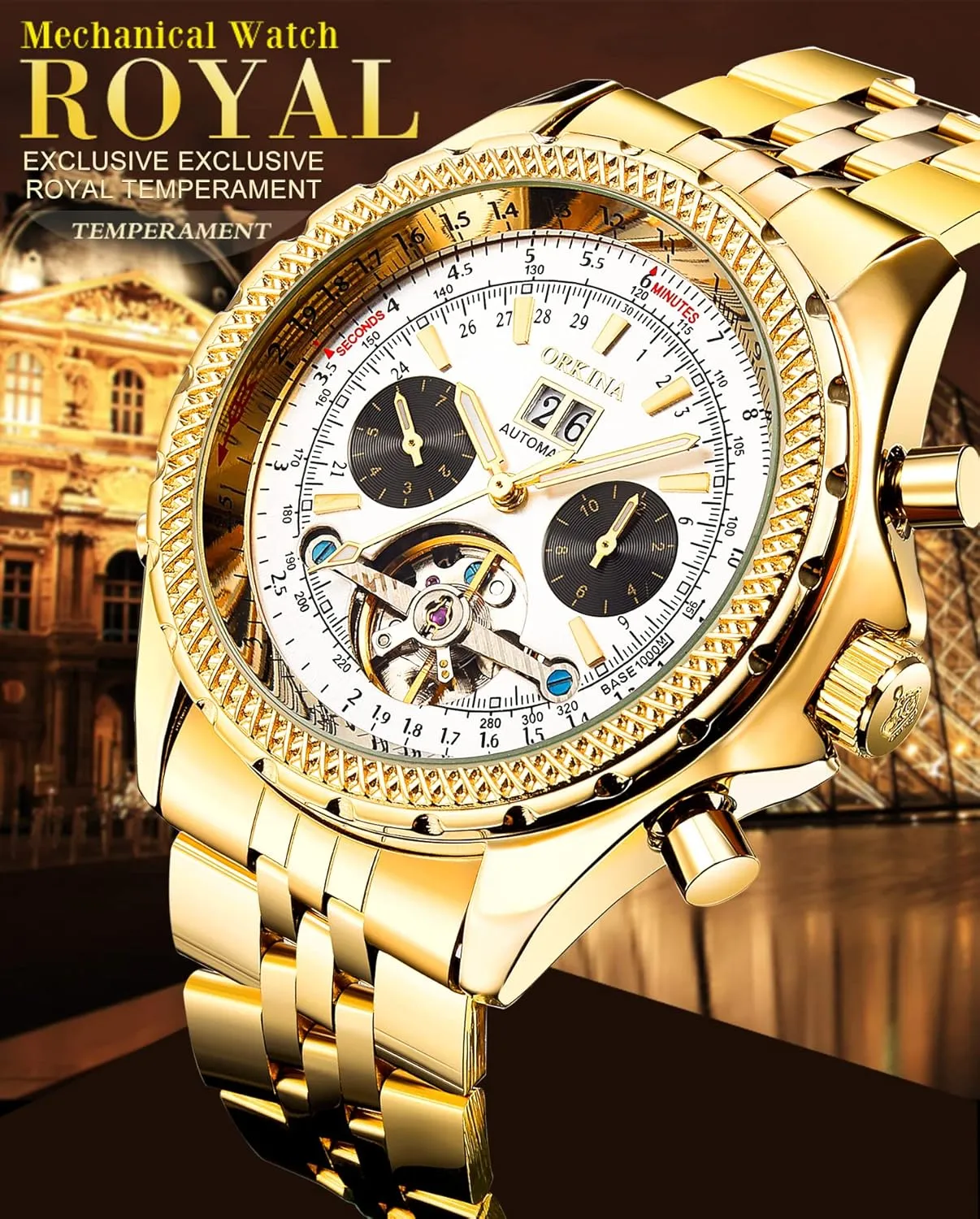 Big Dial with Day & Month Sub Dial ORKINA gun peep brick experiment pristine strand Mens Luxury Mechanical Tourbillon Multifunctional Watches, Self-Wind Automatic Wrist Watch, Stainless Steel Strap, 46mm 