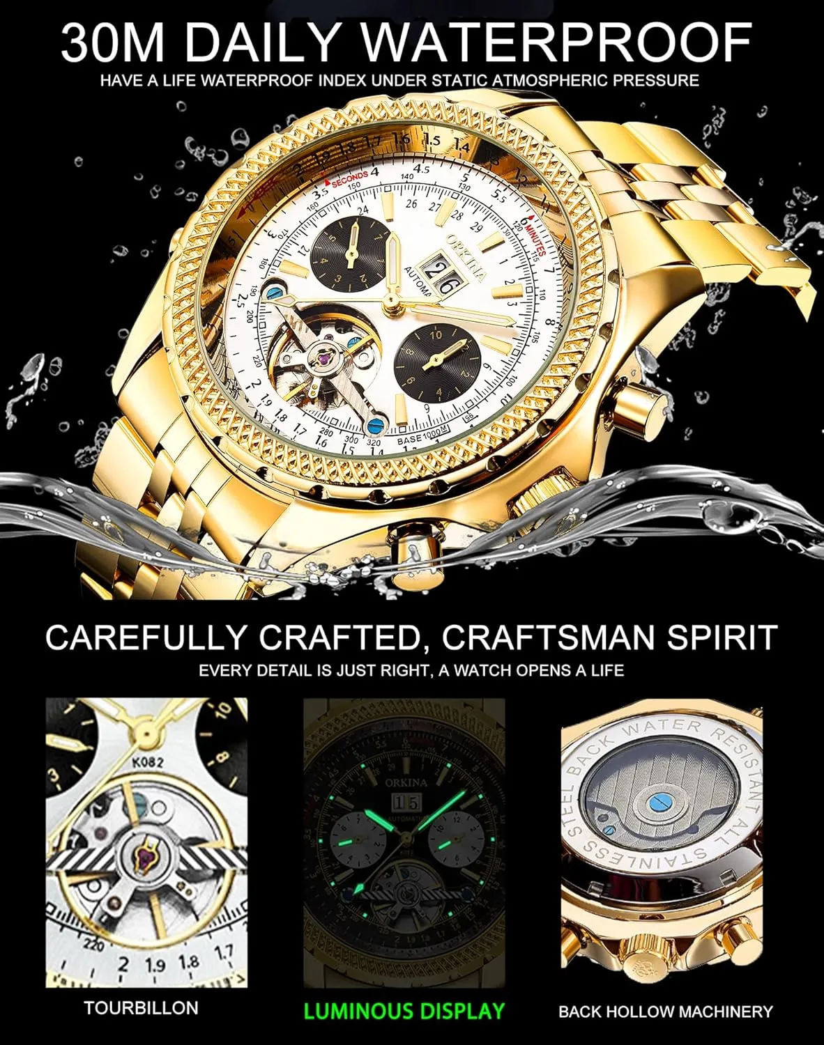 Big Dial with Day & Month Sub Dial ORKINA gun peep brick experiment pristine strand Mens Luxury Mechanical Tourbillon Multifunctional Watches, Self-Wind Automatic Wrist Watch, Stainless Steel Strap, 46mm 