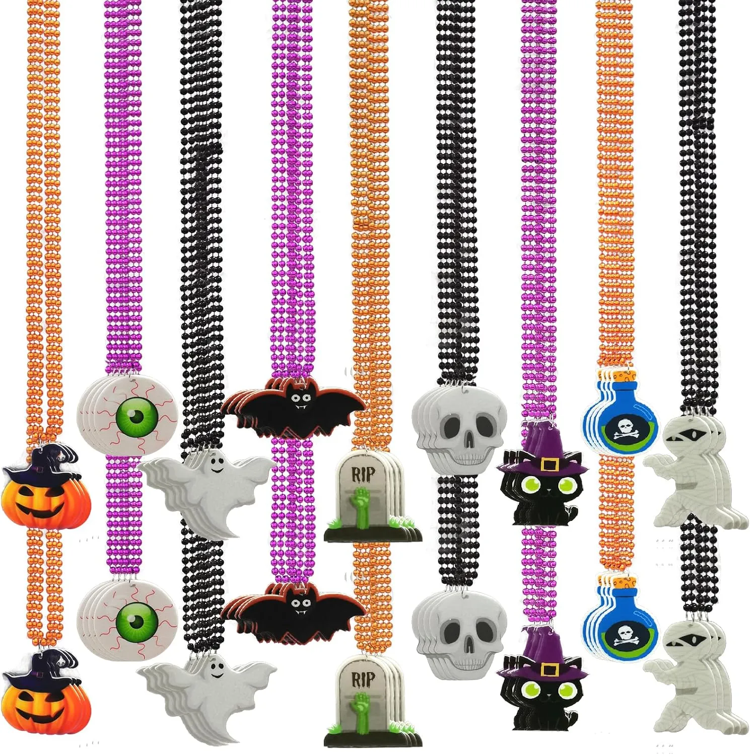 Black Beaded Necklaces With Pumpkin Ghost Pendants For Halloween Party Favors, Halloween trickle religion Trick or Treat Costume 72 Pcs Halloween Bead Necklaces, Purple Orange 
