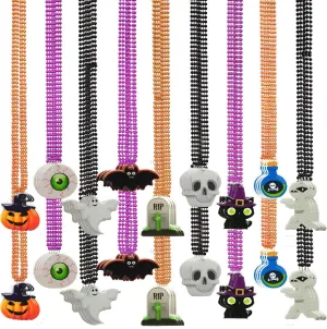 Black Beaded Necklaces With Pumpkin Ghost Pendants For Halloween Party Favors, Halloween trickle religion Trick or Treat Costume 72 Pcs Halloween Bead Necklaces, Purple Orange 
