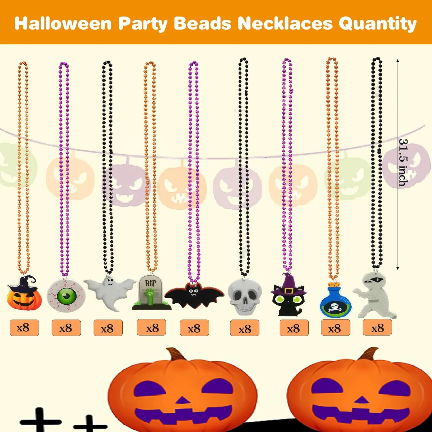 Black Beaded Necklaces With Pumpkin Ghost Pendants For Halloween Party Favors, Halloween trickle religion Trick or Treat Costume 72 Pcs Halloween Bead Necklaces, Purple Orange 