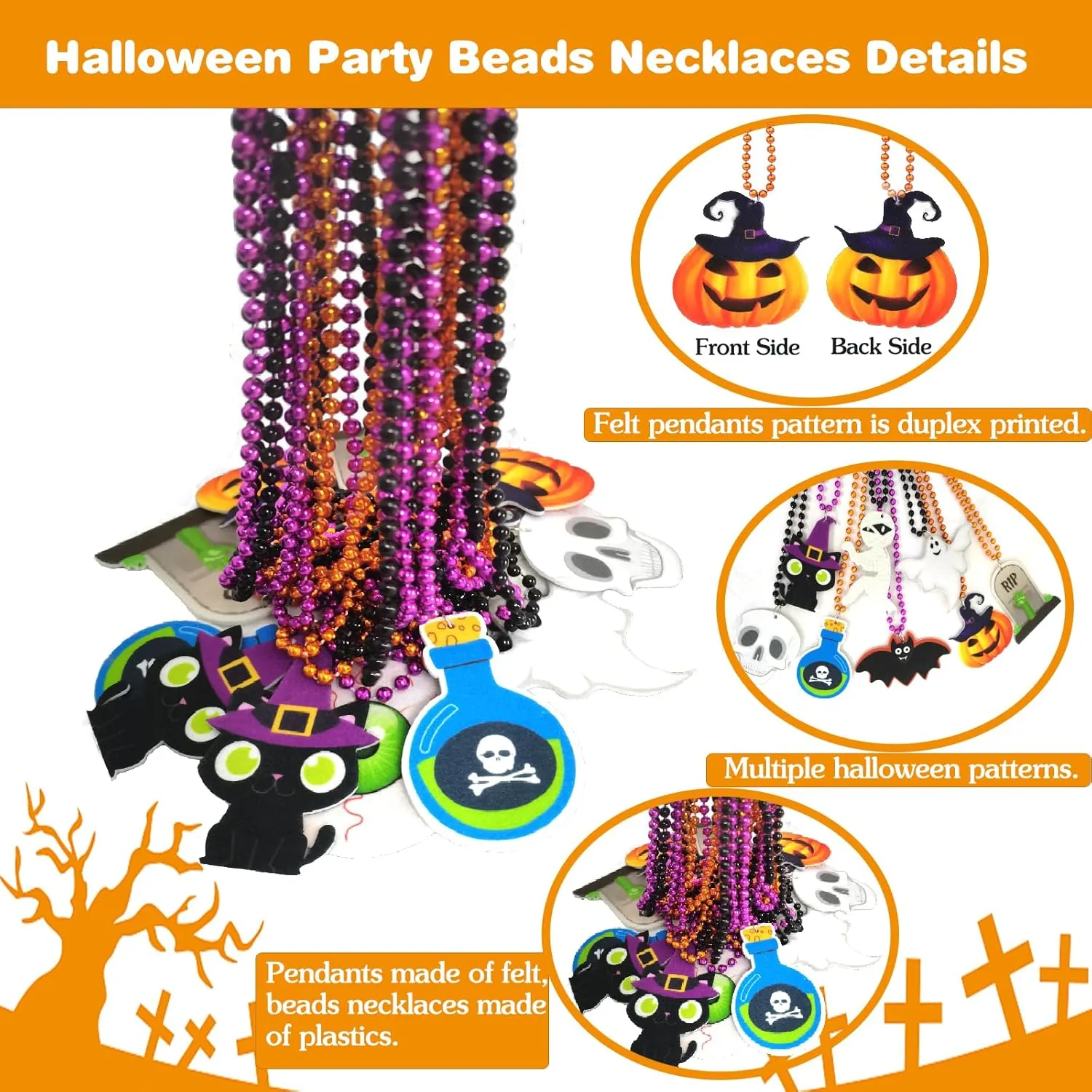 Black Beaded Necklaces With Pumpkin Ghost Pendants For Halloween Party Favors, Halloween trickle religion Trick or Treat Costume 72 Pcs Halloween Bead Necklaces, Purple Orange 
