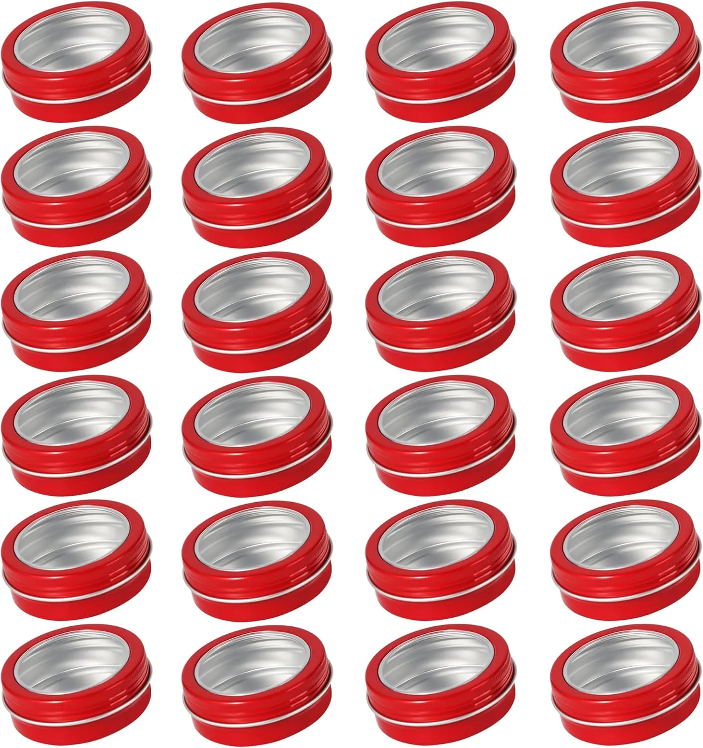Blank Labels, forceful utilization concept Refillable 60ml Metal Containers for Lip Balms, Candles, Salves, Spices, Crafts(Red) 24 Pack 2 Ounce Screw Top Aluminum Tin Jar with Screw Clear Lid and 