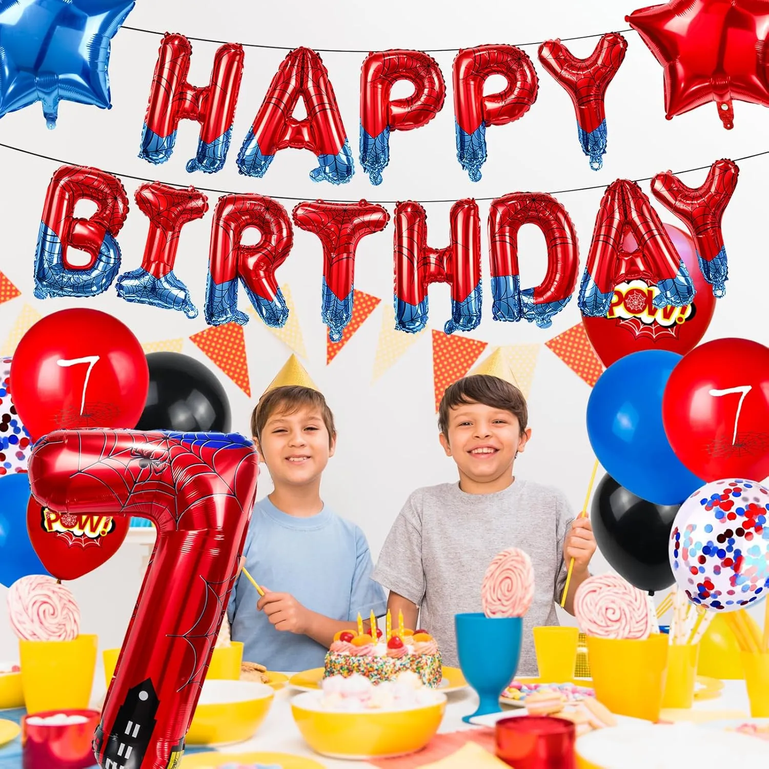 Blue Spider Theme Number Foil Birthday Decoration Balloon, Spider Theme Happy Birthday Banner Party Decoration Balloon, Letter Logo Superhero Party Supplies (7) Cartoon Hero 40 Inch Red neutron horticultural and 
