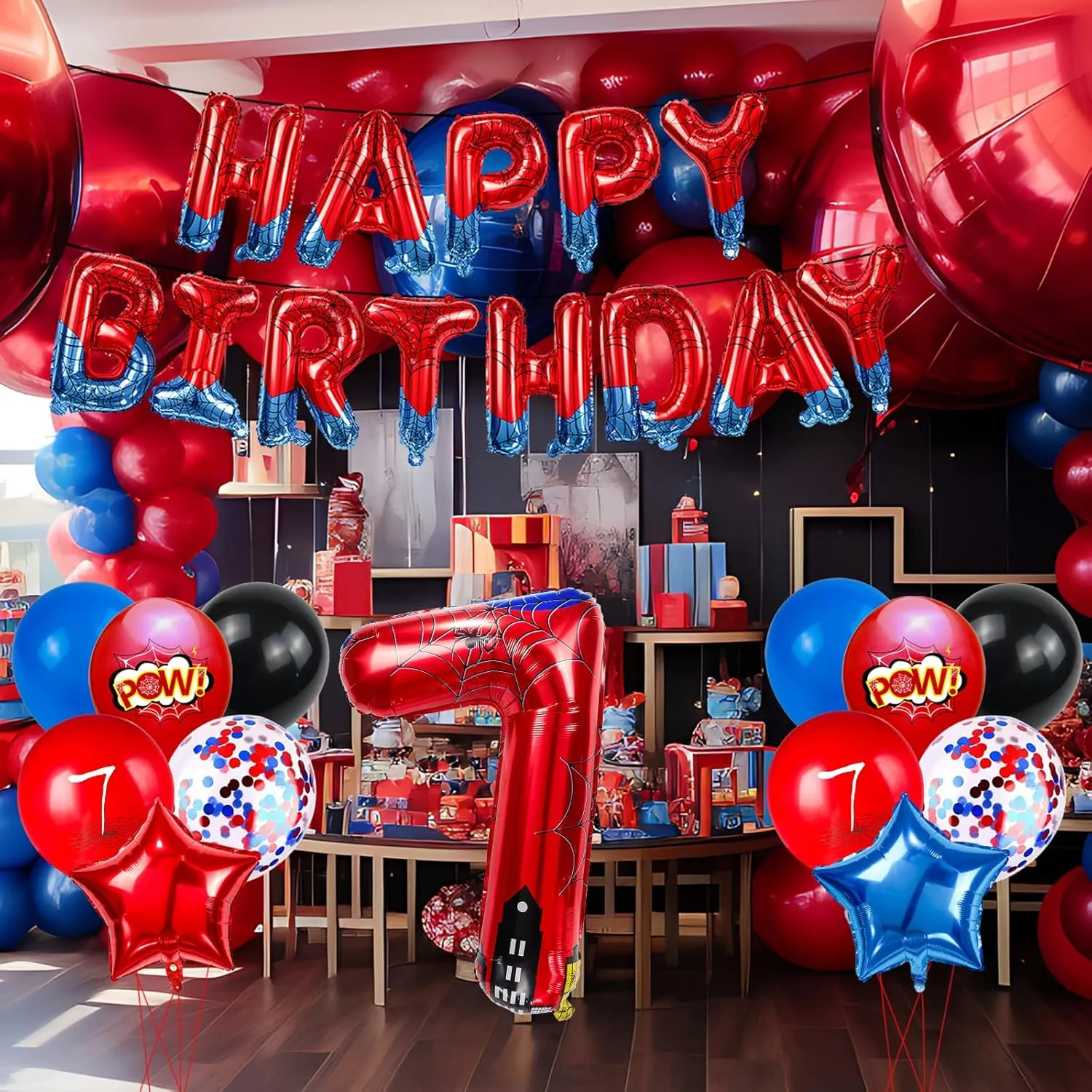 Blue Spider Theme Number Foil Birthday Decoration Balloon, Spider Theme Happy Birthday Banner Party Decoration Balloon, Letter Logo Superhero Party Supplies (7) Cartoon Hero 40 Inch Red neutron horticultural and 