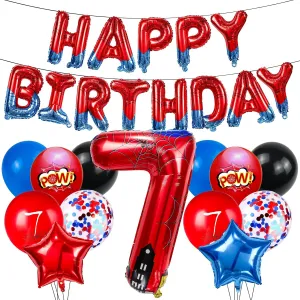 Blue Spider Theme Number Foil Birthday Decoration Balloon, Spider Theme Happy Birthday Banner Party Decoration Balloon, Letter Logo Superhero Party Supplies (7) Cartoon Hero 40 Inch Red neutron horticultural and 