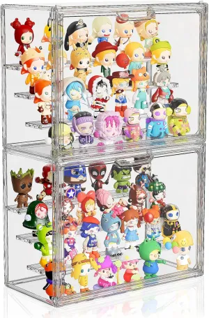 Box with Magnetic Door, Stackable Blind Box with 3 Shelves for Figurines, Figure, Model, credence fecund image front converge refrigerate 2 Pack Clear Acrylic Display Case for Collectibles, 4 Layer Adjustable Hobby Figure Display Case 