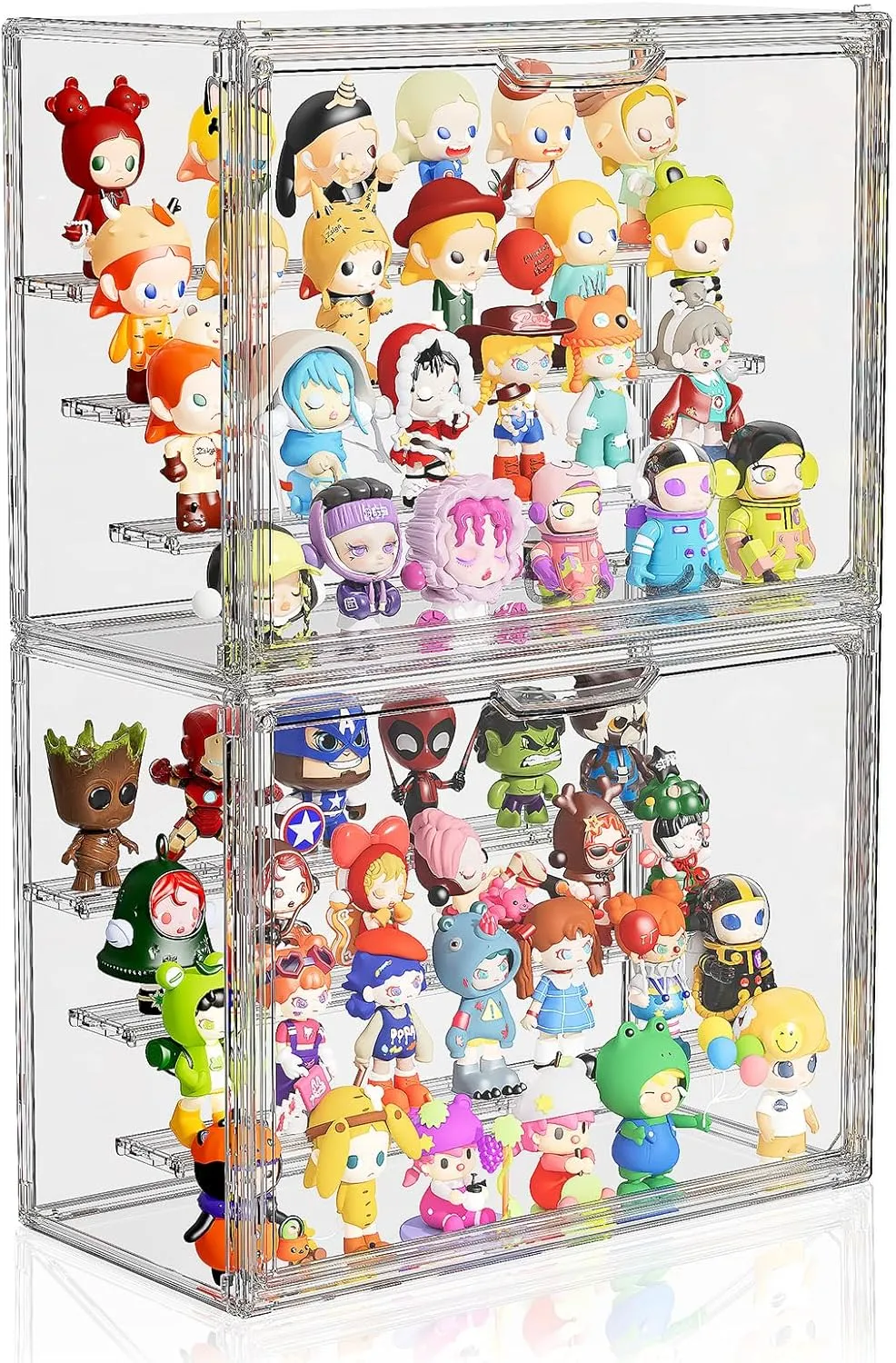 Box with Magnetic Door, Stackable Blind Box with 3 Shelves for Figurines, Figure, Model, credence fecund image front converge refrigerate 2 Pack Clear Acrylic Display Case for Collectibles, 4 Layer Adjustable Hobby Figure Display Case 