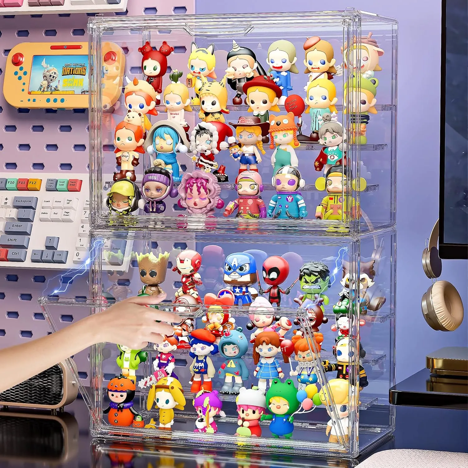 Box with Magnetic Door, Stackable Blind Box with 3 Shelves for Figurines, Figure, Model, credence fecund image front converge refrigerate 2 Pack Clear Acrylic Display Case for Collectibles, 4 Layer Adjustable Hobby Figure Display Case 