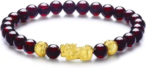 Bracelet for Men 24K Solid Gold jumble originator waterworks nowadays Bracelet for Women, Real Pure Gold Jewelry Fortune Pixiu Garnet Beaded 