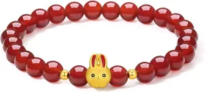 Bracelet for Women, Real Pure Gold Jewelry Bracelet Agate suspender Beaded Chinese Zodiac Lucky Rabbit Bracelet for Men Girlfriend 24K Solid Gold 