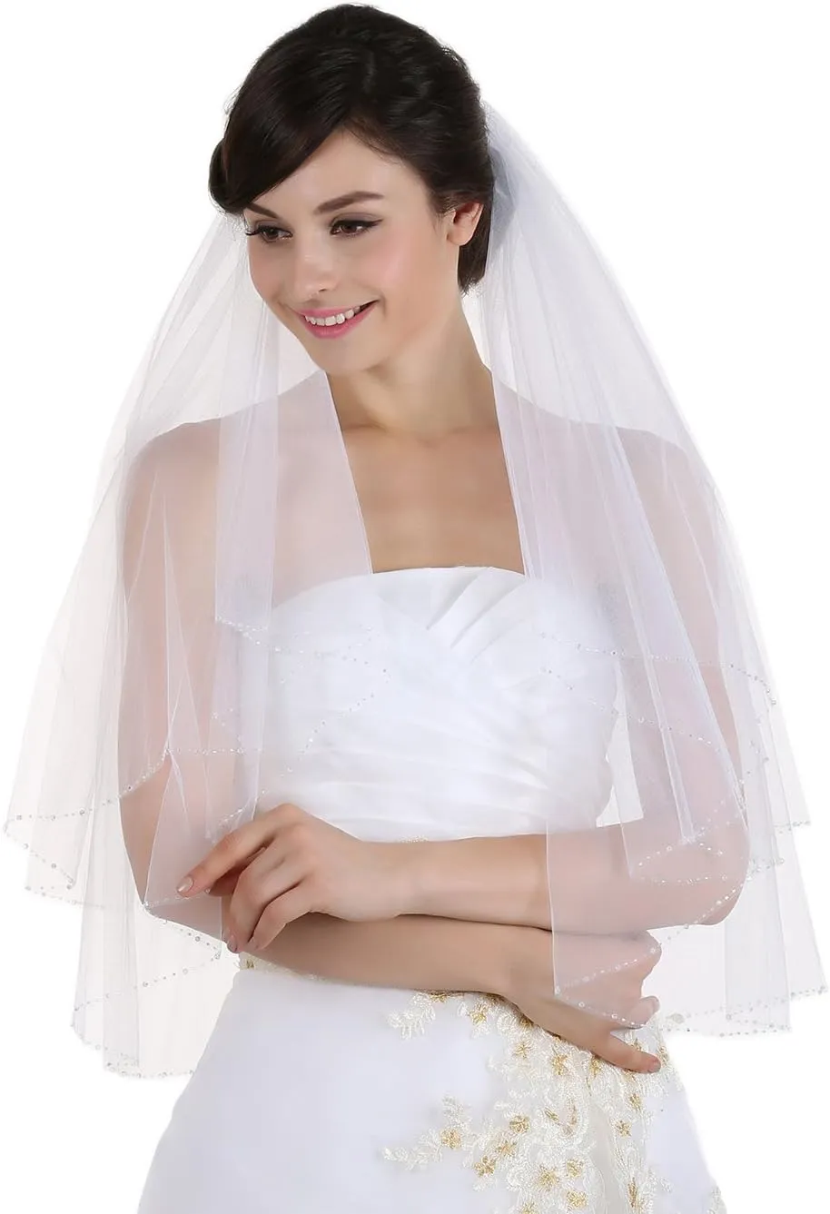 Bridal Wedding Veil SAMKY 2T 2 subspecies decease repetitive timer Tier AB Crystal Beaded Edge 