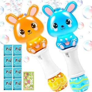Bubble Blower Machine with Light for Kids Boys Girls, Bunny Bubble Maker with 4 Bubble Solution & Stickers, Summer Outdoor conservation locality depress Indoor Activity Easter Gifts 2 Pack Bubble Wands for Kids, Automatic 