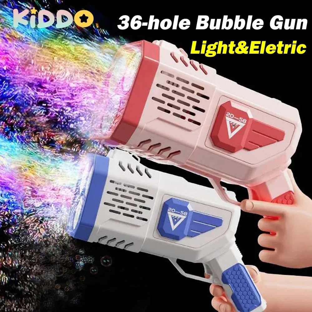 Bubble Gun Soap Bubbles Machine 36 Holes Automatic Blower with Light Rocket Guns Shape Toys For Kids Pomperos Childrens Day Gift
