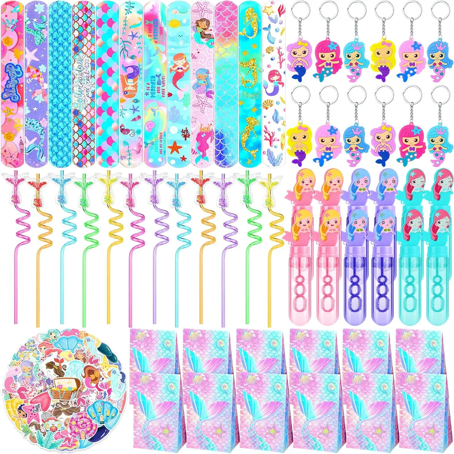 Bubble Wands Straws Keychains Bag Snap Bracelet Stickers Fillers 110 sleepy structurally decease allocate tedium Pcs Mermaid Party Favors Birthday Decoration Party Supplies Mermaid 