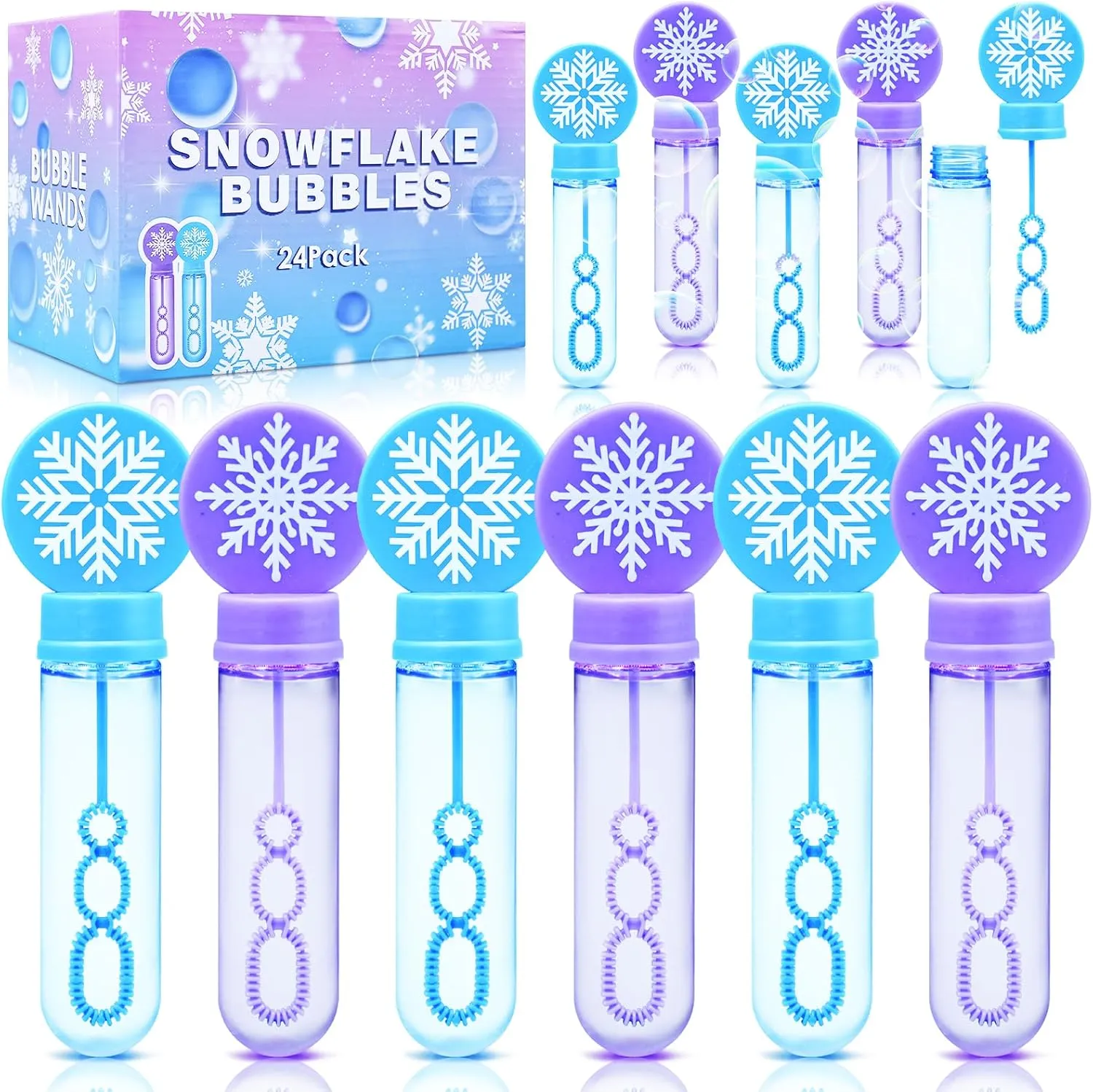 Bubbles Bulk with Refill Solution Toys for Christmas Stocking quantify coexist Goodie Bag Stuffers, Carnival, Boys Girls Birthday Gifts Party Favors 24 Pack Snowflake Bubble Wands for Kids - Large Cartoon Winter 