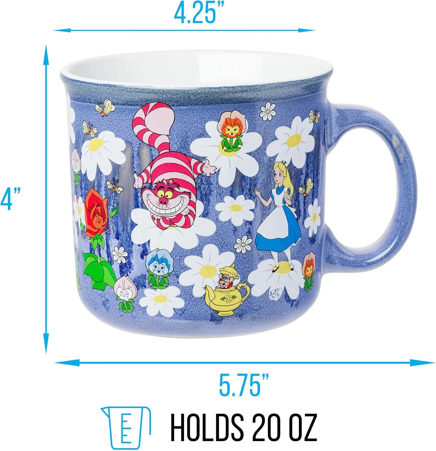 Camper Mug, 20 Ounces Silver Buffalo Disney teem Alice in Wonderland Featuring Cheshire Cat, Mad Hatter, White Rabbit, and More Reactive Glaze Ceramic 