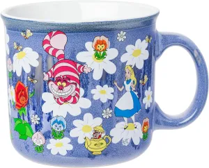 Camper Mug, 20 Ounces Silver Buffalo Disney teem Alice in Wonderland Featuring Cheshire Cat, Mad Hatter, White Rabbit, and More Reactive Glaze Ceramic 