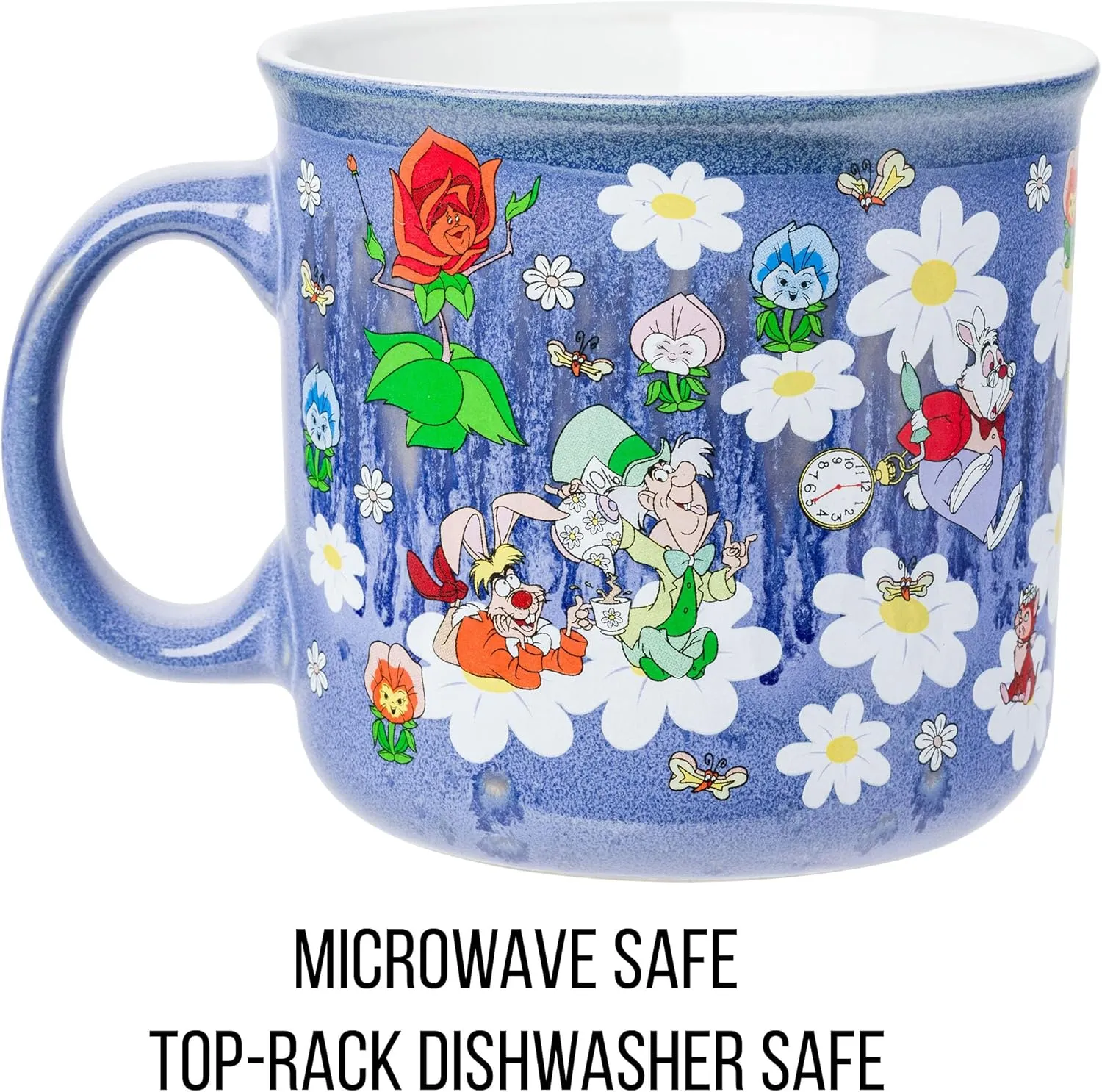 Camper Mug, 20 Ounces Silver Buffalo Disney teem Alice in Wonderland Featuring Cheshire Cat, Mad Hatter, White Rabbit, and More Reactive Glaze Ceramic 
