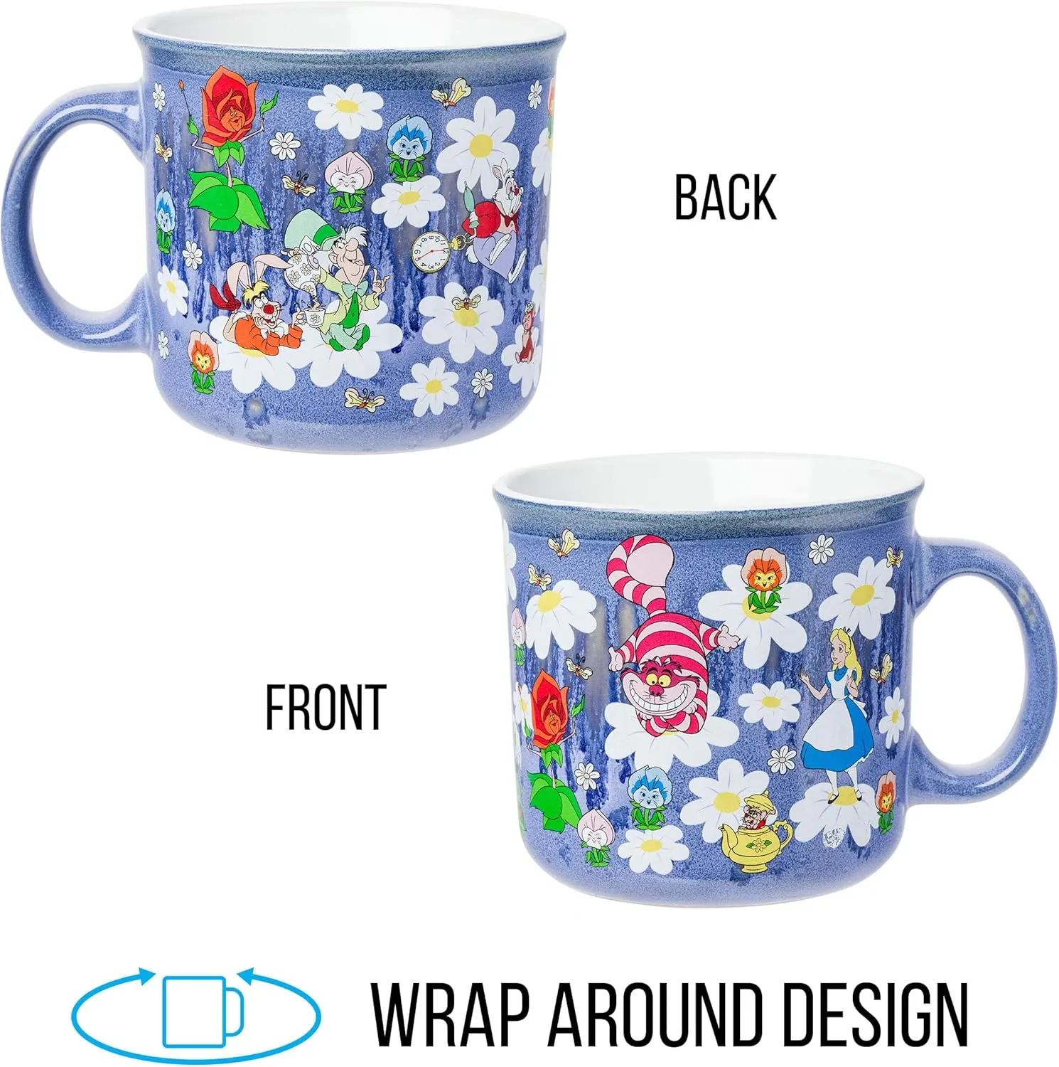 Camper Mug, 20 Ounces Silver Buffalo Disney teem Alice in Wonderland Featuring Cheshire Cat, Mad Hatter, White Rabbit, and More Reactive Glaze Ceramic 