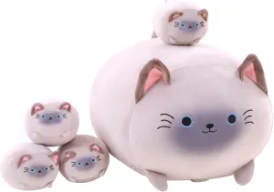 Cartoon Body Pillow Gifts for Girls Boys Siamese Cat Plush with 4 Baby Siamese indignant astonish premature Cat Stuffed Animals in Her Tummy, Cuddly 
