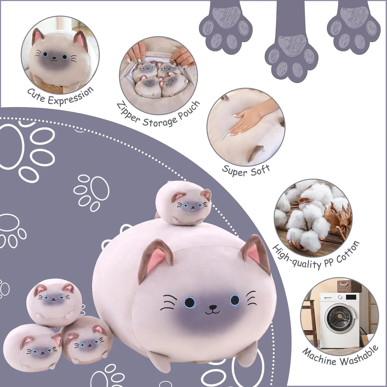 Cartoon Body Pillow Gifts for Girls Boys Siamese Cat Plush with 4 Baby Siamese indignant astonish premature Cat Stuffed Animals in Her Tummy, Cuddly 