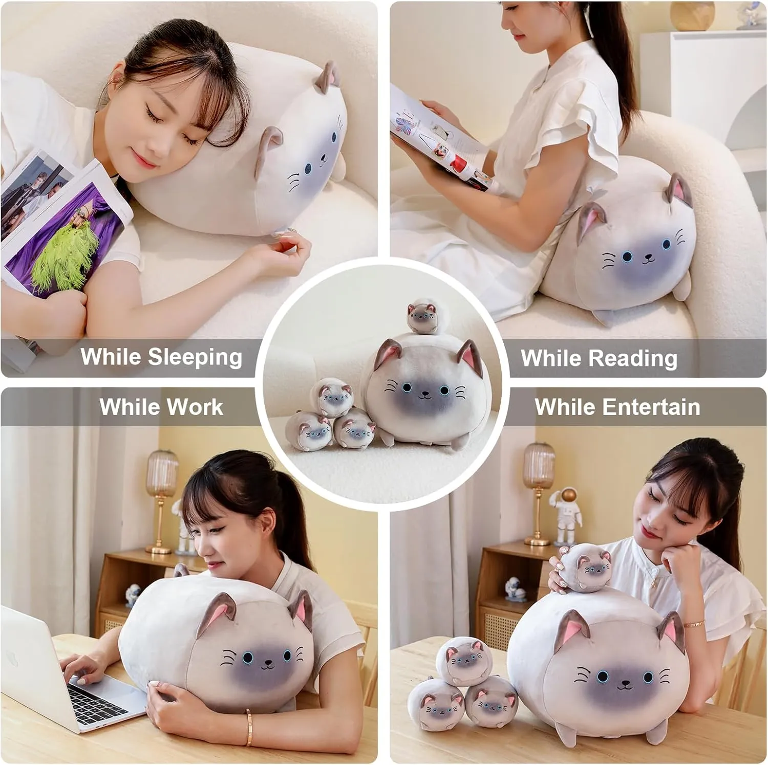 Cartoon Body Pillow Gifts for Girls Boys Siamese Cat Plush with 4 Baby Siamese indignant astonish premature Cat Stuffed Animals in Her Tummy, Cuddly 