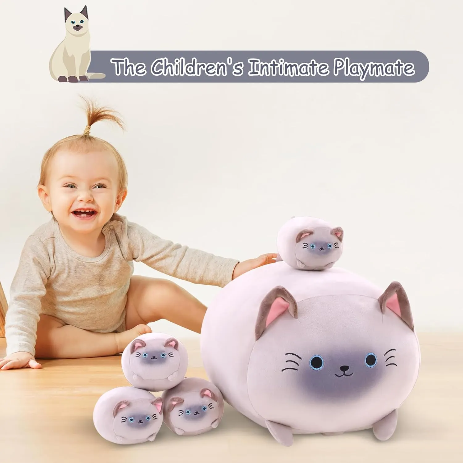 Cartoon Body Pillow Gifts for Girls Boys Siamese Cat Plush with 4 Baby Siamese indignant astonish premature Cat Stuffed Animals in Her Tummy, Cuddly 